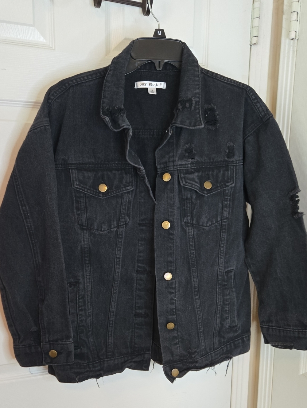 Say What? Black Distressed Denim Jacket with Brass Buttons